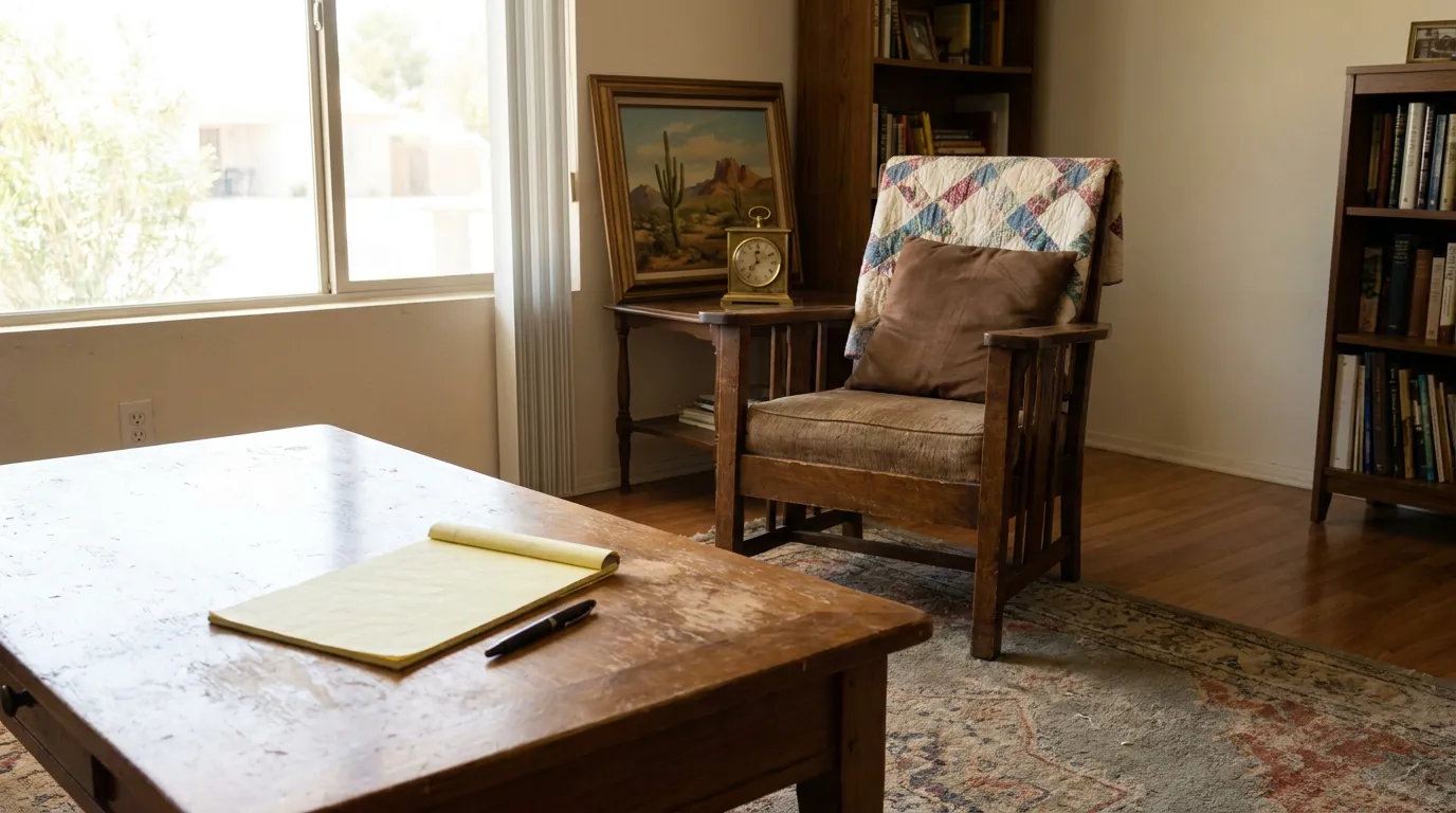 wooden desk with legal pad and pen beside bookcase and armchair
