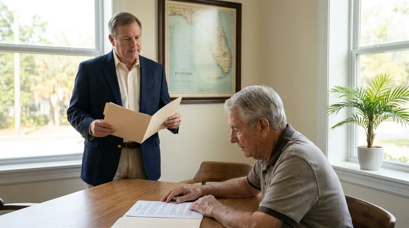 Palm Beach Elder Law Attorney Reviewing Qualified Income Trust Documents attorney holding folder reviewing documents with elderly client at office table beneath Florida map