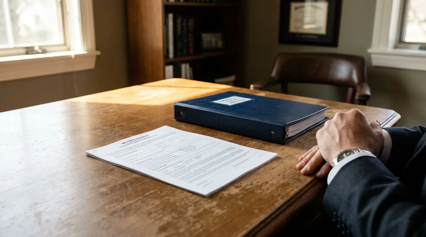 MCS-90 Endorsement Document Fayetteville Truck Accident Attorney attorney seated at wooden desk with legal document and binder in law office