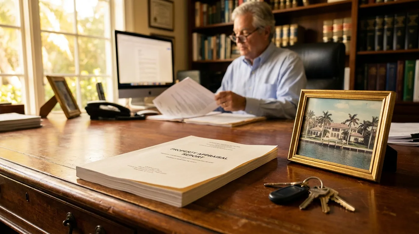 Property Appraisal Report document on desk with attorney reviewing papers