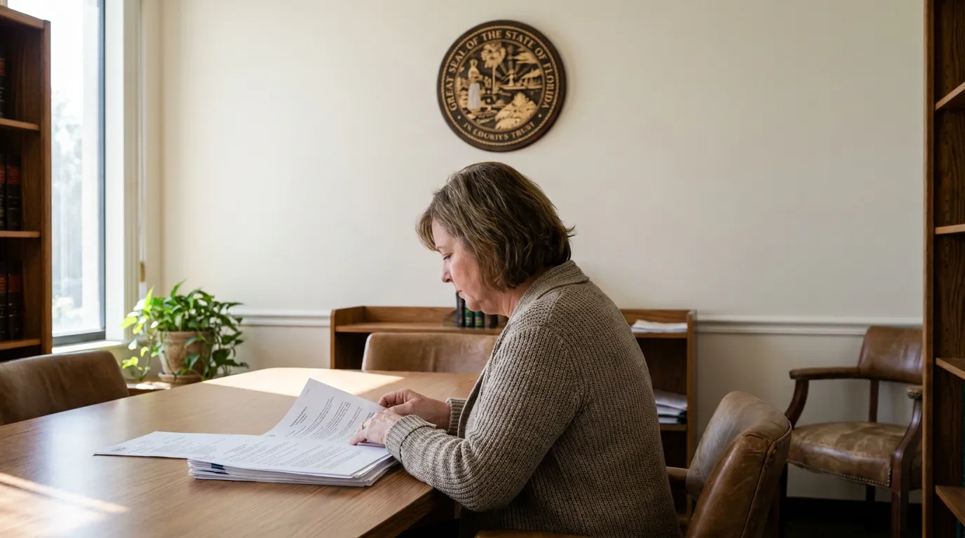attorney reviewing legal documents beneath Great Seal of the State of Florida