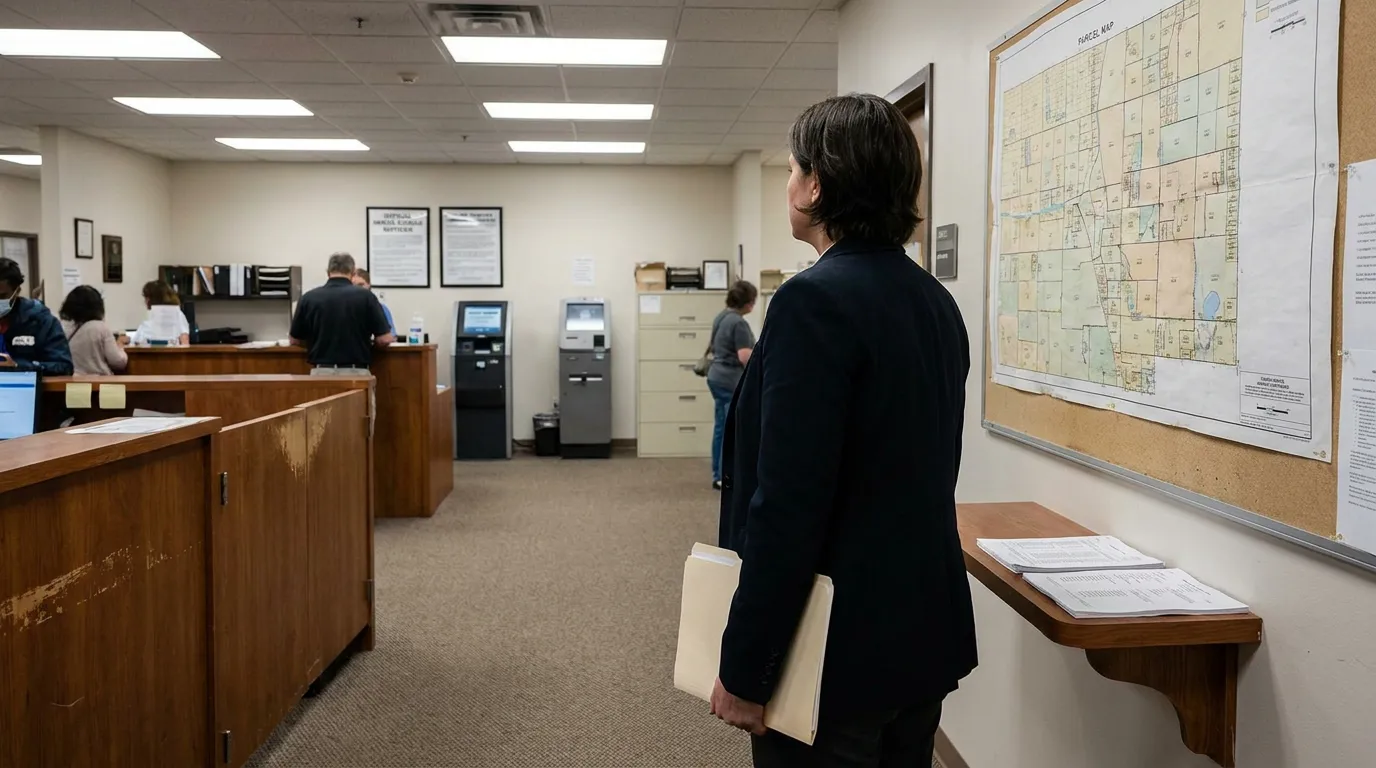 professional holding folder standing before parcel map in government records office