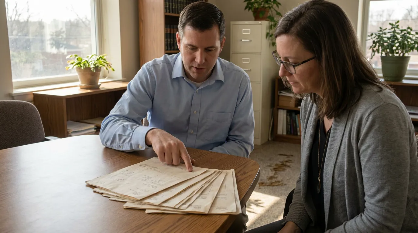 Ohio Lemon Law Attorney Reviewing Vehicle Repair Records With Client attorney pointing at legal documents spread across office desk with client