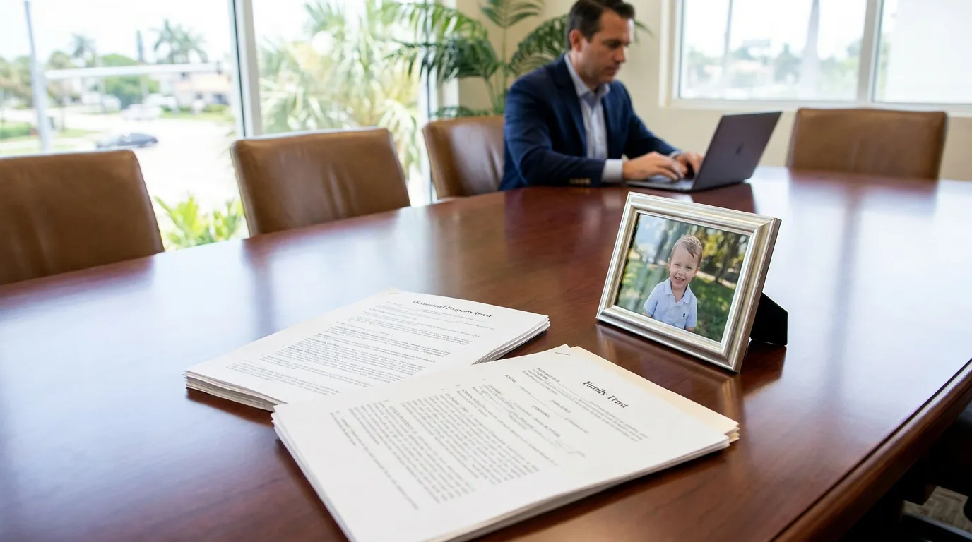 Palm Beach Attorney Reviewing Homestead Deed With Minor Child Photo Family Trust and Homestead Property Deed documents on conference table with framed child photo
