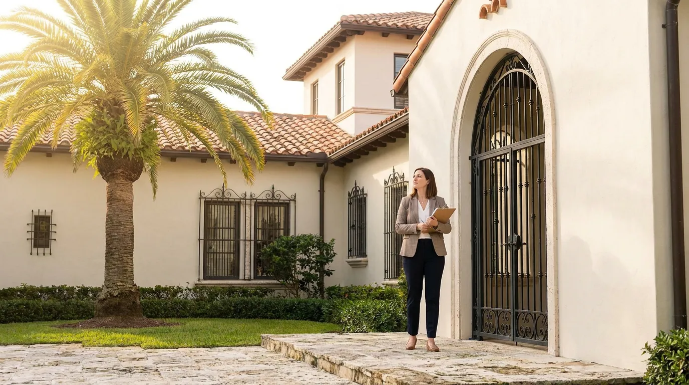 professional woman holding clipboard standing outside upscale Mediterranean-style residential property