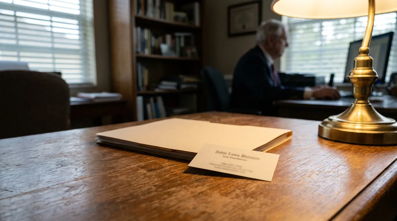 Florida Divorce Attorney Reviewing Personal Goodwill Business Valuation Documents Sole Practitioner business card resting on desk beside legal documents and lamp