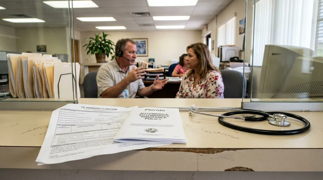 PIP insurance claim form, Florida automobile insurance policy, and stethoscope on office counter