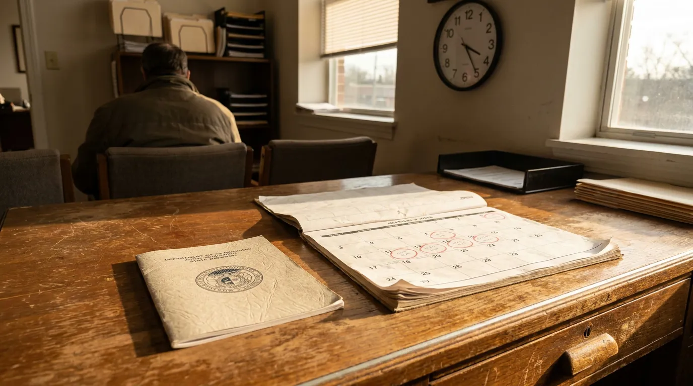 government document with official seal and circled calendar on wooden desk