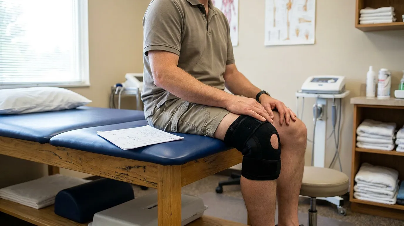 man wearing knee brace seated on medical examination table in clinic