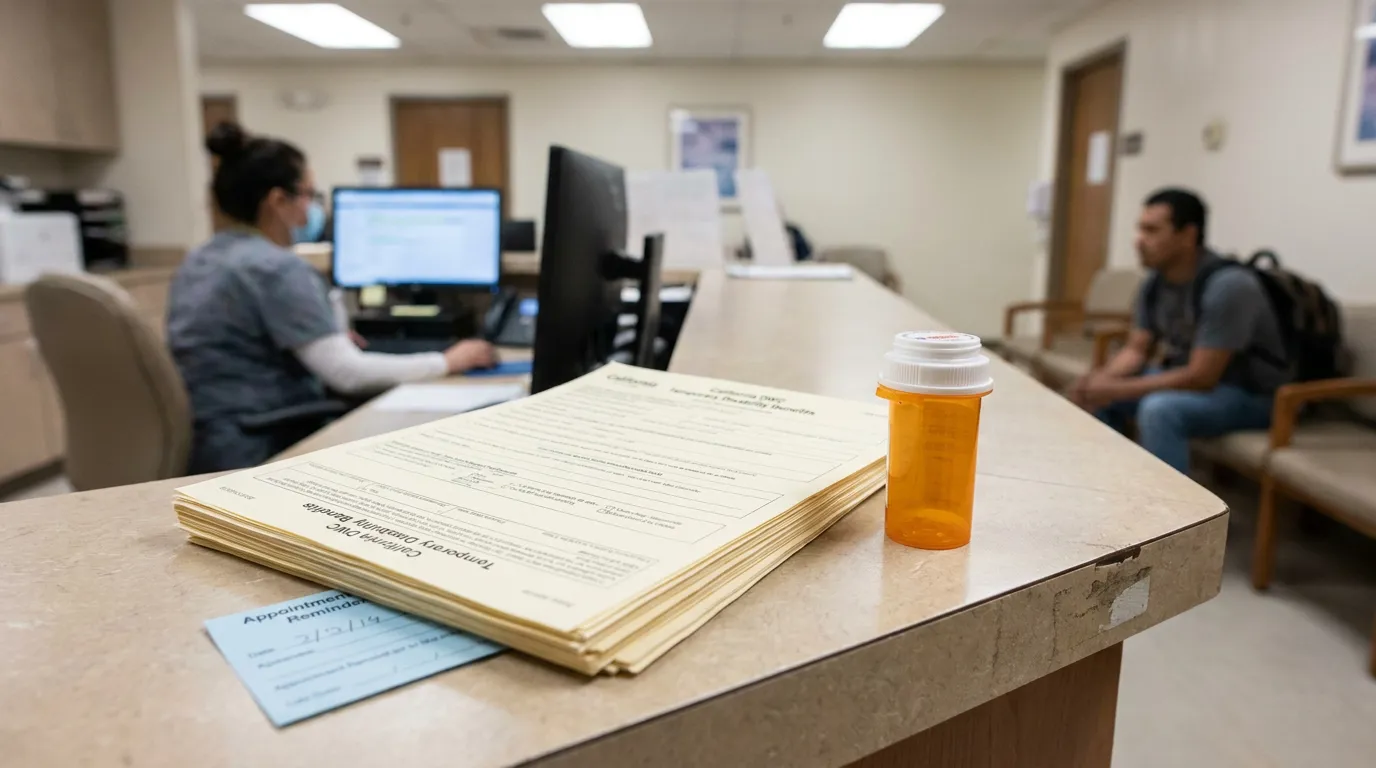 San Bernardino Workers Comp Temporary Disability Benefits Paperwork California DWC Temporary Disability Benefits forms and prescription bottle on medical office counter