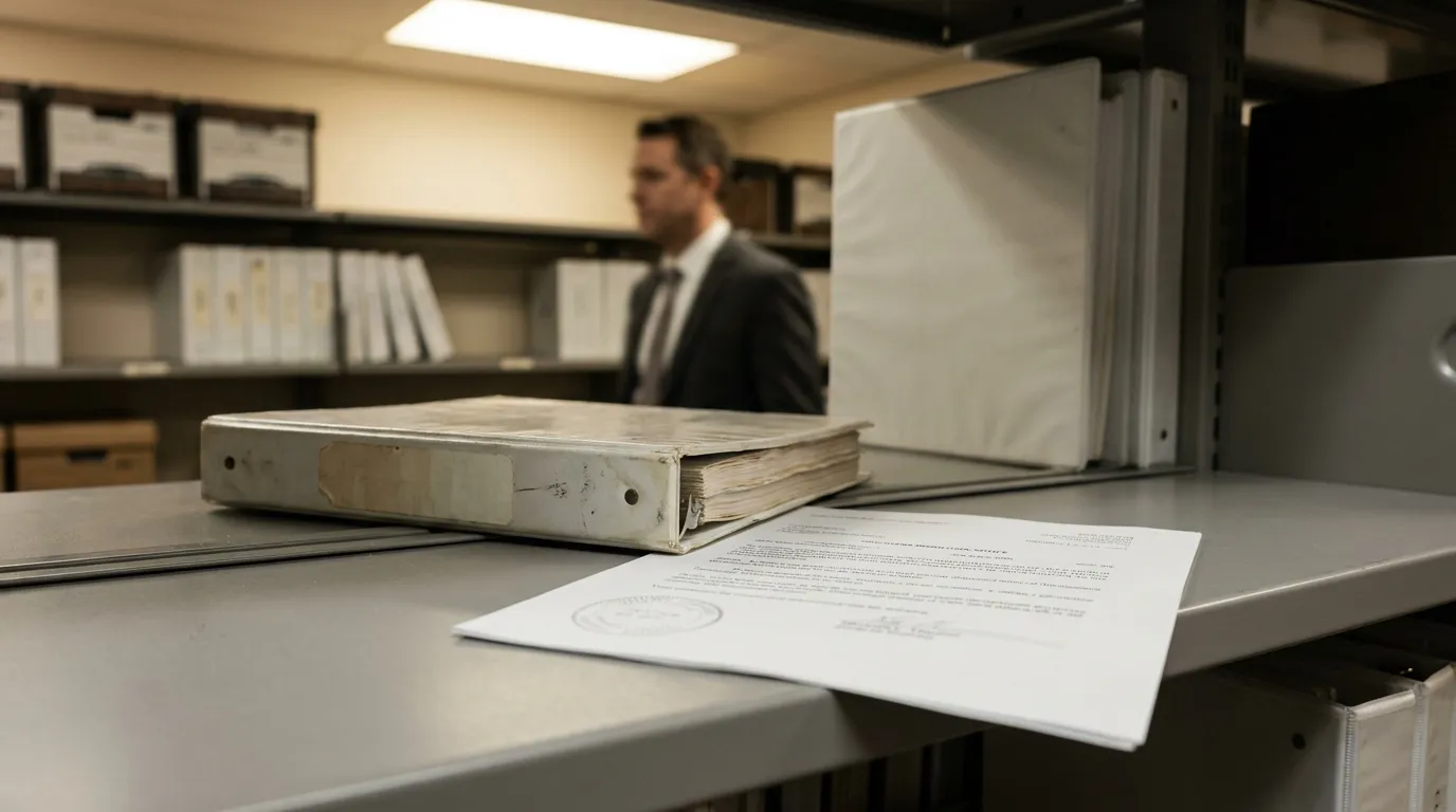 attorney standing near shelves with worn binder and stamped legal document on filing shelf