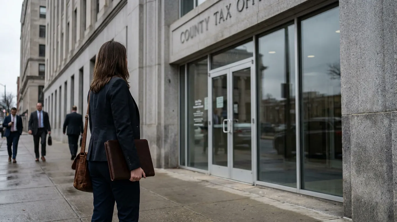 Philadelphia Business Lawyer Outside County Tax Office professional carrying briefcase and bag outside County Tax Office building entrance