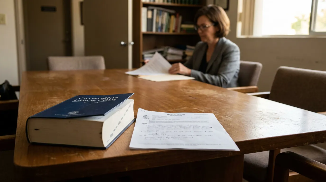 San Bernardino Attorney Reviewing Labor Code 4662 Permanent Total Disability Claim California Labor Code book and medical document on table with attorney reviewing papers