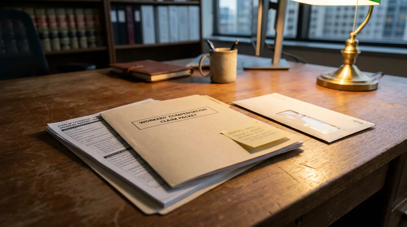 Workers' Compensation Claim Packet folder on law office desk with legal books
