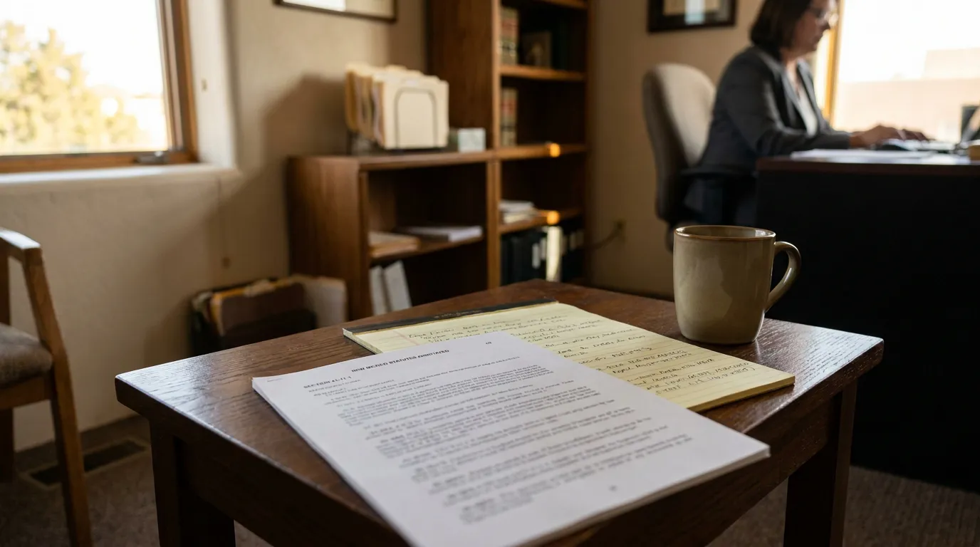 New Mexico Statutes Annotated document and handwritten notes on law office desk