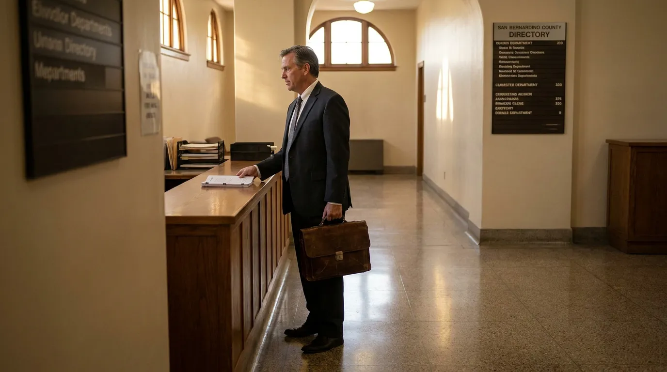 suited attorney holding briefcase at San Bernardino County courthouse directory hallway