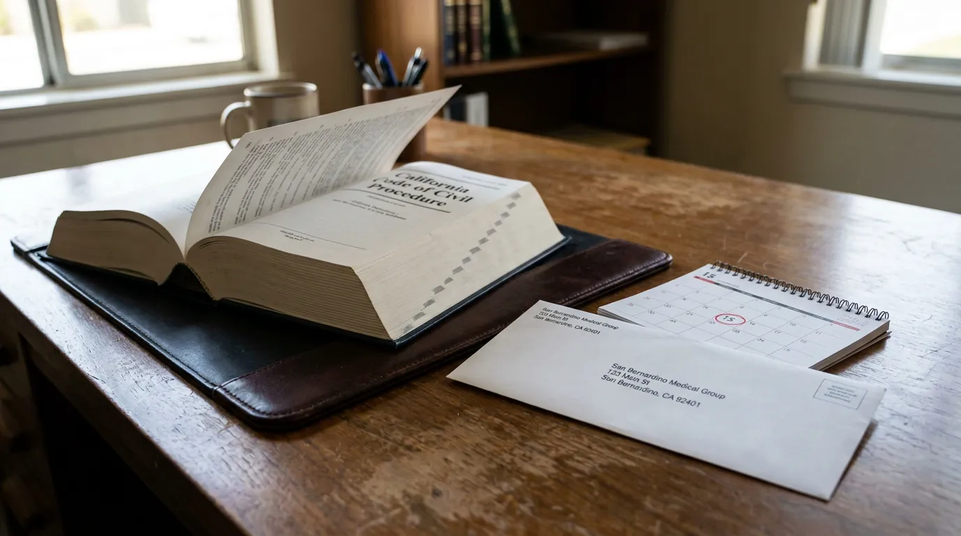 California Code of Civil Procedure book, medical group envelope, and deadline calendar on desk