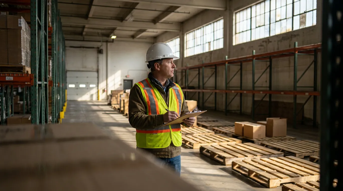 warehouse worker in hard hat and safety vest holding clipboard on job site