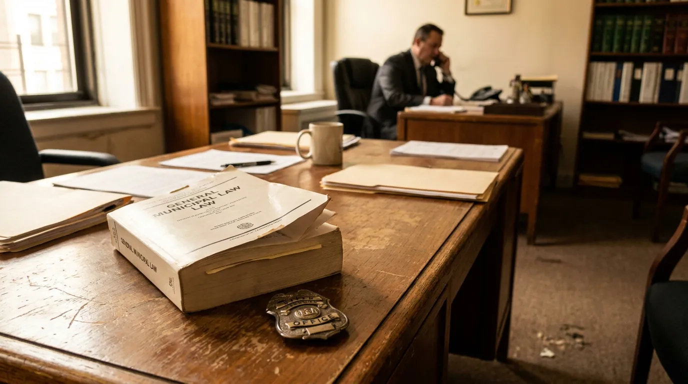 General Municipal Law book and badge on desk with attorney on phone