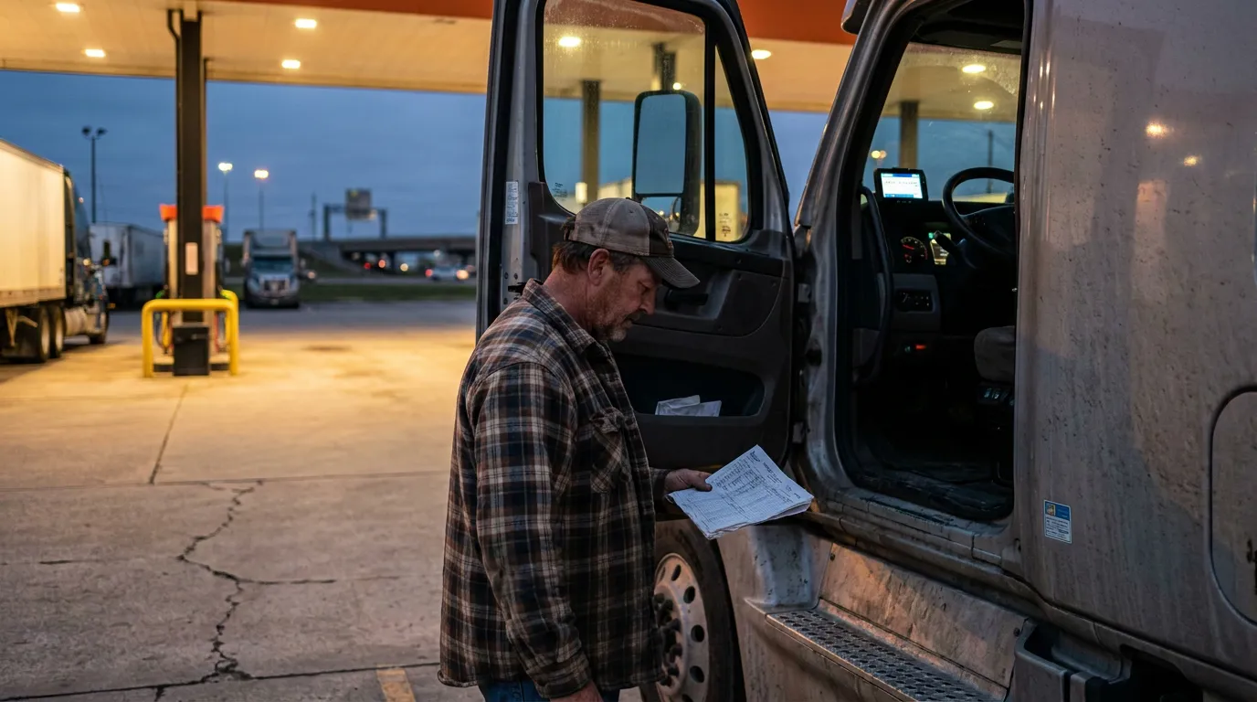 New Orleans Trucker Reviewing Hours of Service Records truck driver reviewing paperwork beside open commercial truck cab at fuel stop