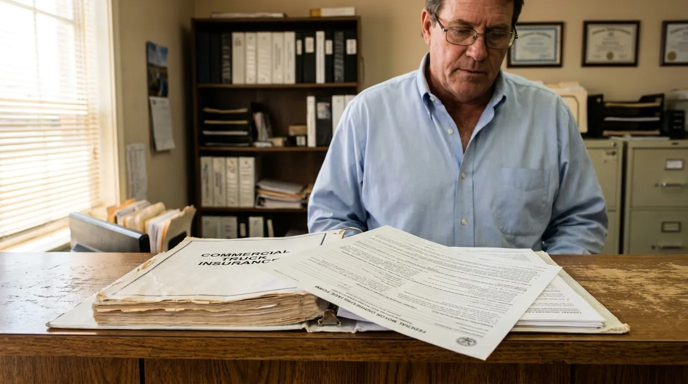 New Orleans Attorney Reviewing MCS-90 Commercial Truck Insurance Documents man reviewing open Commercial Truck Insurance binder with Federal Motor Carrier documents