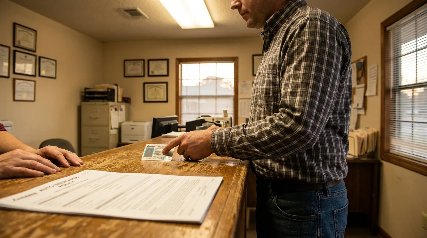 Mandeville Driver Presenting Auto Insurance Policy at Office man presenting driver's license over auto insurance policy document at office counter