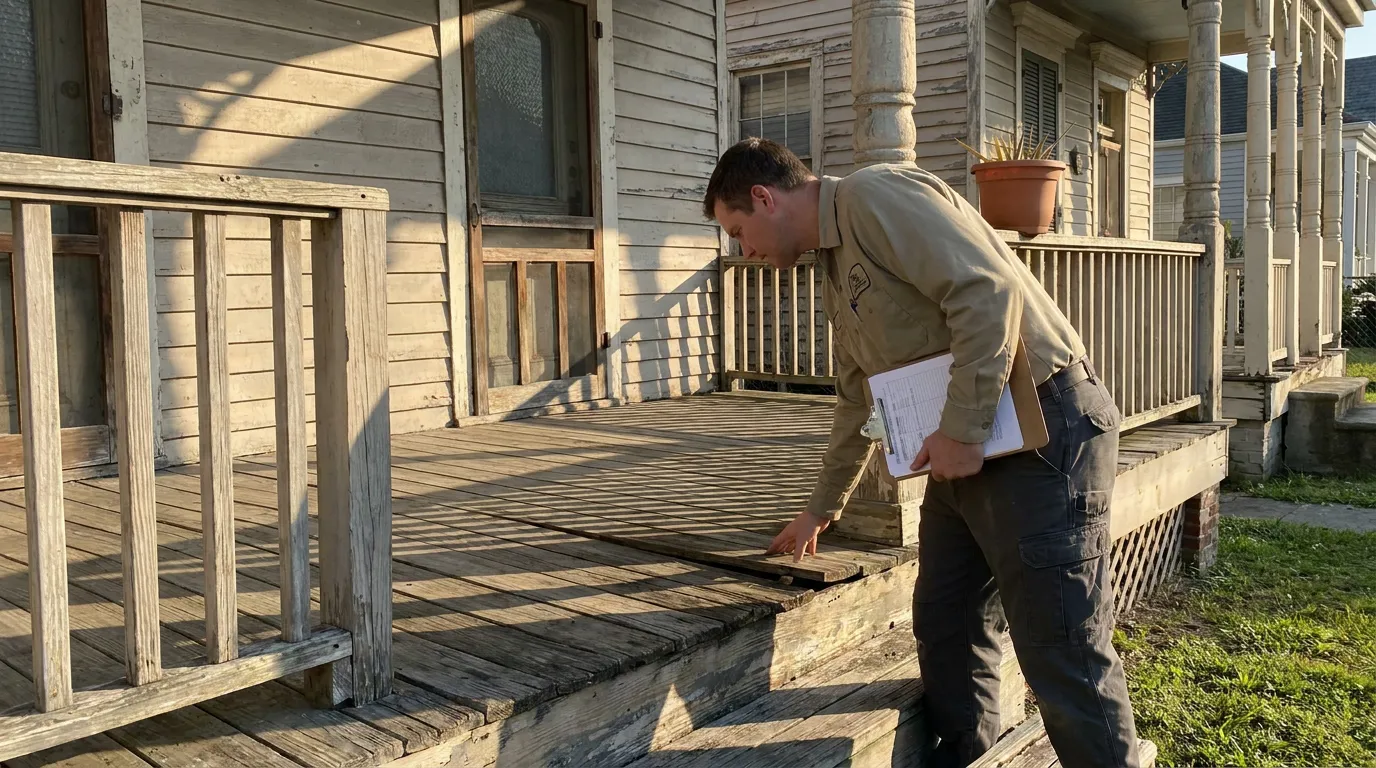 Inspector Examining Defective Porch New Orleans Building inspector holding clipboard examining deteriorated wooden porch boards on residential property
