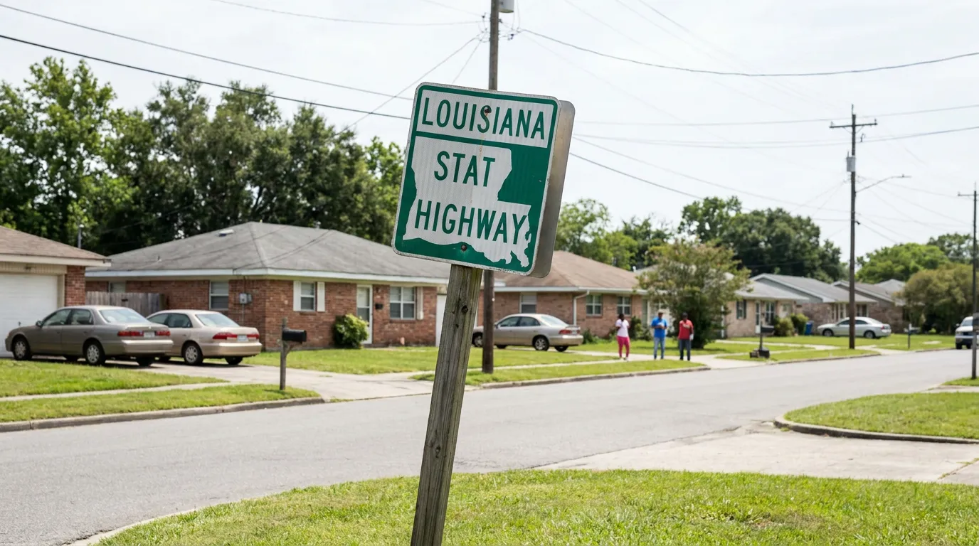 Louisiana State Highway Sign Metairie Residential Street Louisiana State Highway sign posted along residential neighborhood street with homes
