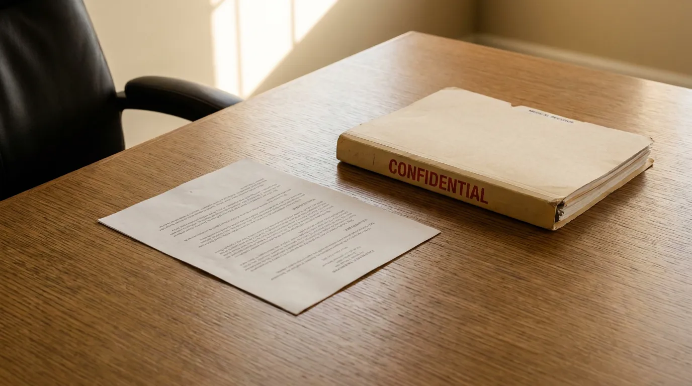Confidential medical records folder and legal document on wooden desk