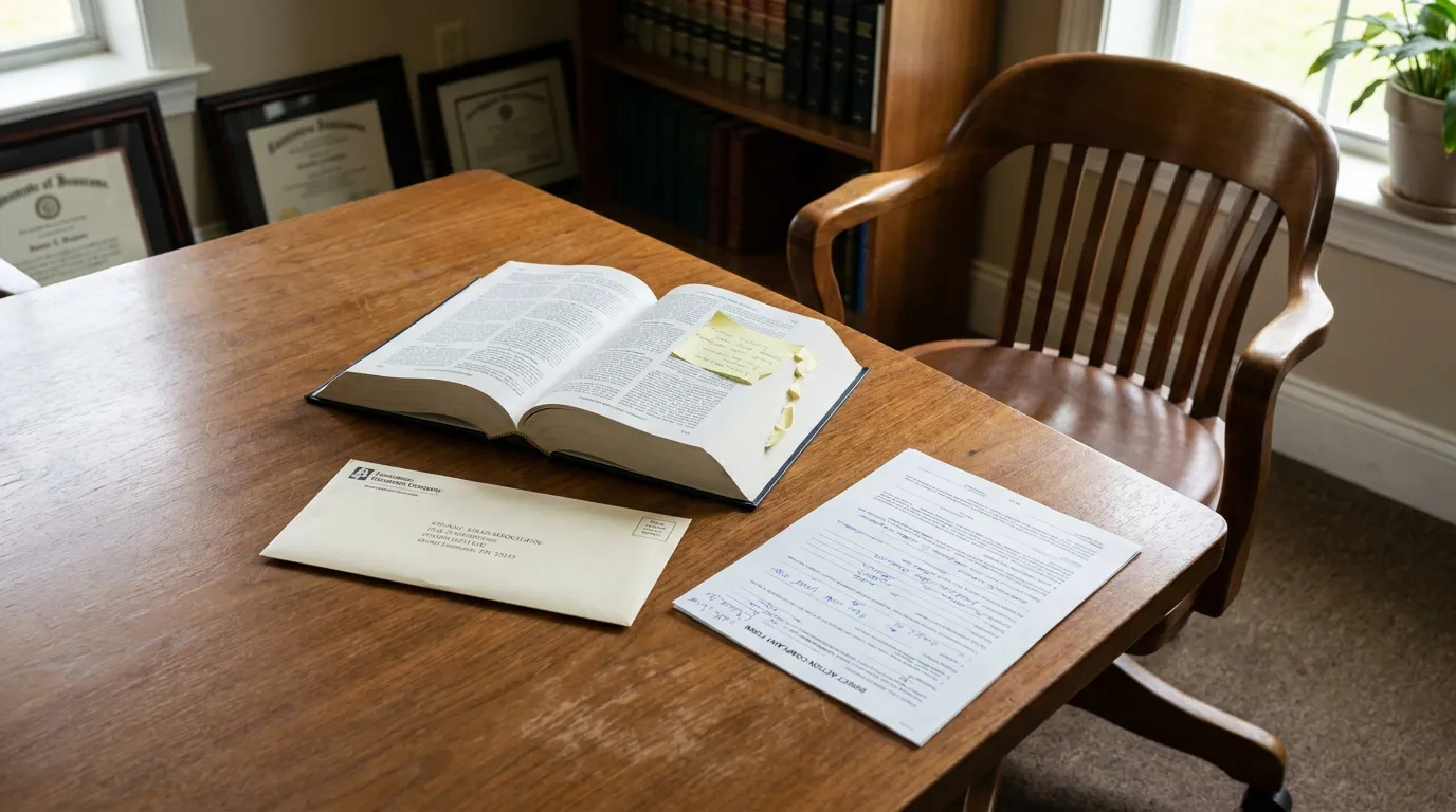New Orleans Lawyer Desk Direct Action Complaint Form open legal book, direct action complaint form, and envelope on law office desk