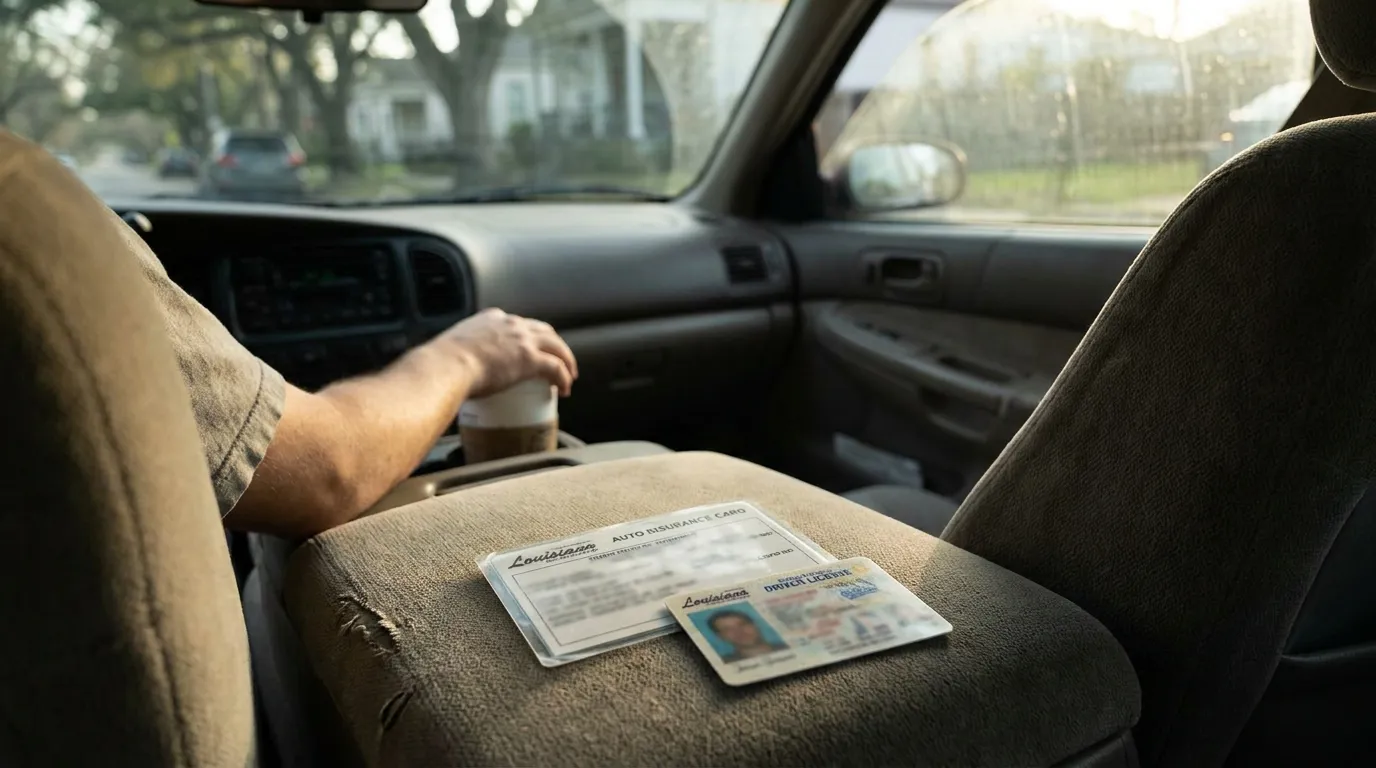 Louisiana Auto Insurance Card and Driver's License New Orleans Car Louisiana auto insurance card and driver's license resting on vehicle seat