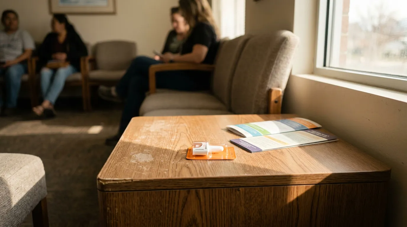 medical waiting room table with packaged medication and informational brochures