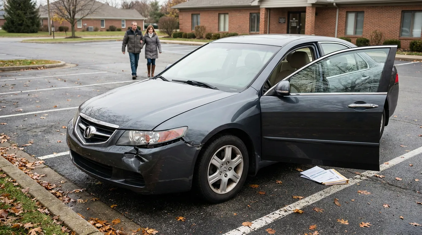 Illinois Car Crash Victims Reviewing Medical Lien Documents damaged Acura sedan with front bumper damage parked in lot, two people approaching
