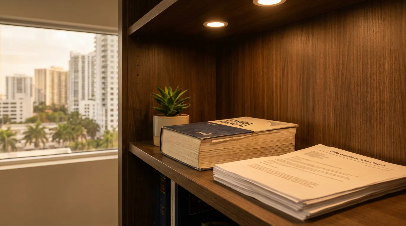 Miami Attorney Office FINRA Manual and Disciplinary Action Reports FINRA Manual and FINRA Disciplinary Action Report documents on law office bookshelf