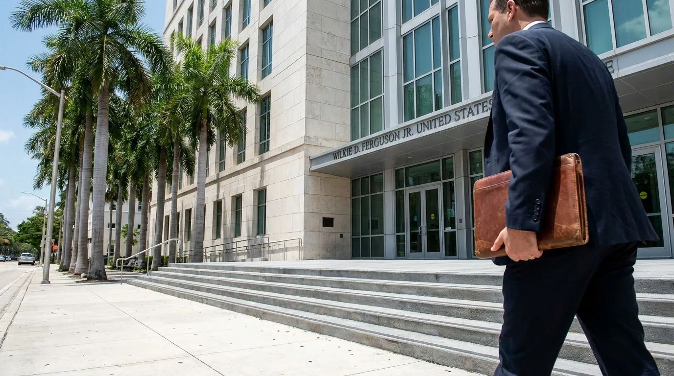 suited attorney carrying briefcase outside Wilkie D. Ferguson Jr. United States courthouse