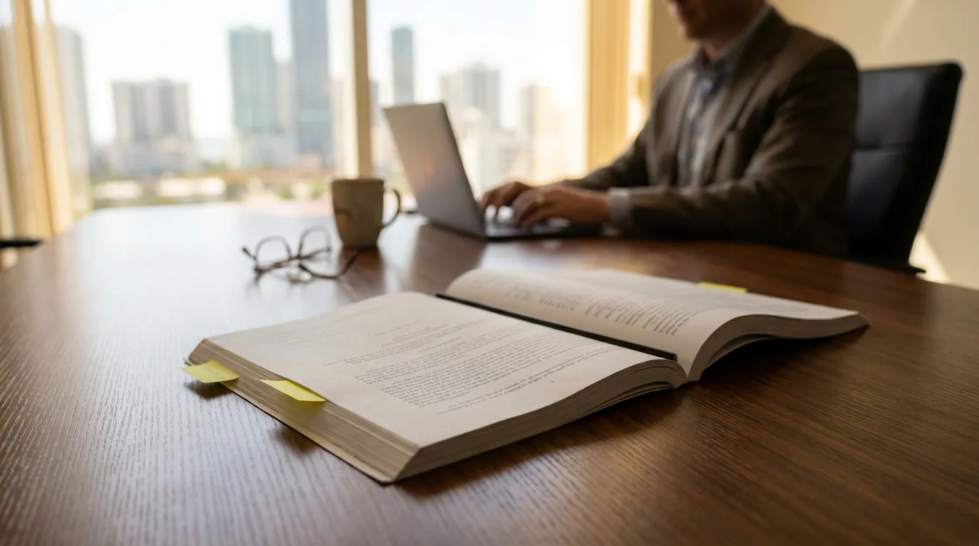 attorney working on laptop beside open tabbed legal document on office desk