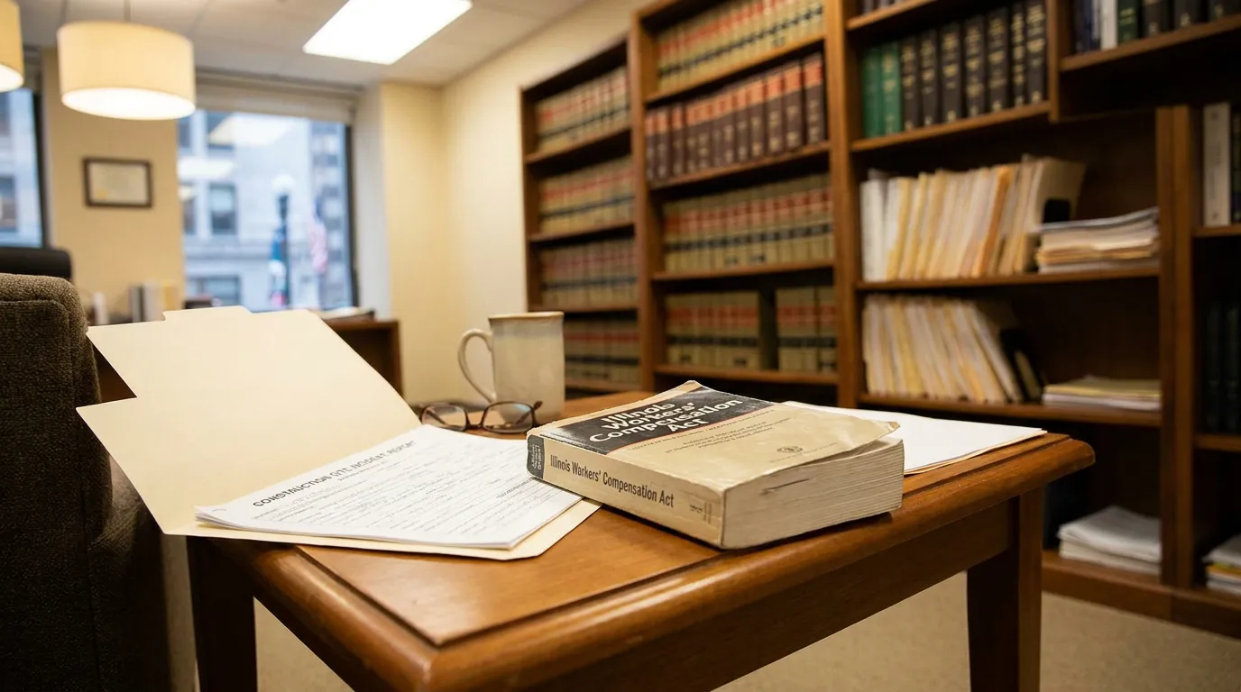 Illinois Workers Compensation Act Construction Injury Law Office Illinois Workers' Compensation Act book beside construction site incident report on law office desk