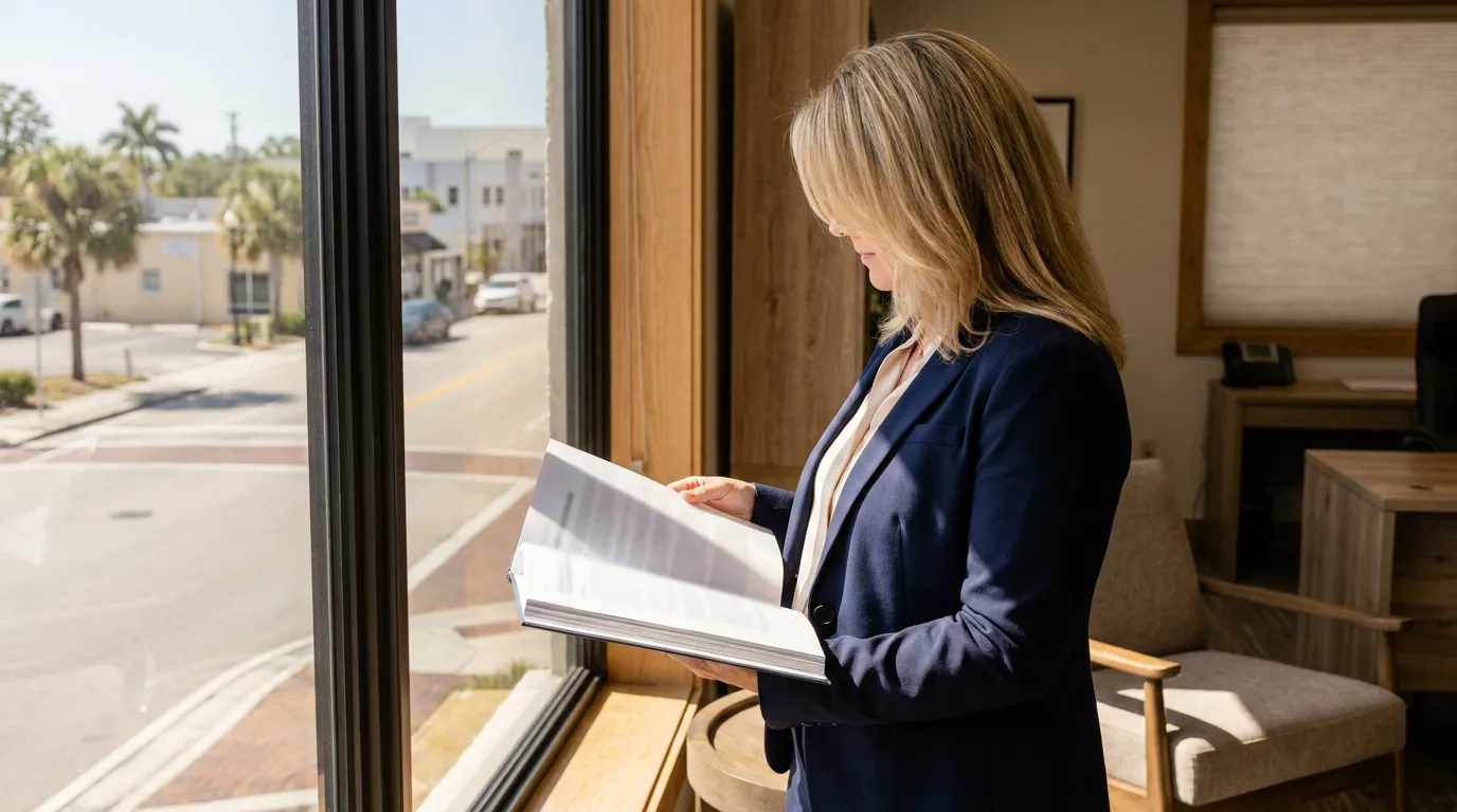 Miami Securities Attorney Reviewing Private Placement Rescission Case female attorney in blazer reviewing legal documents near office window