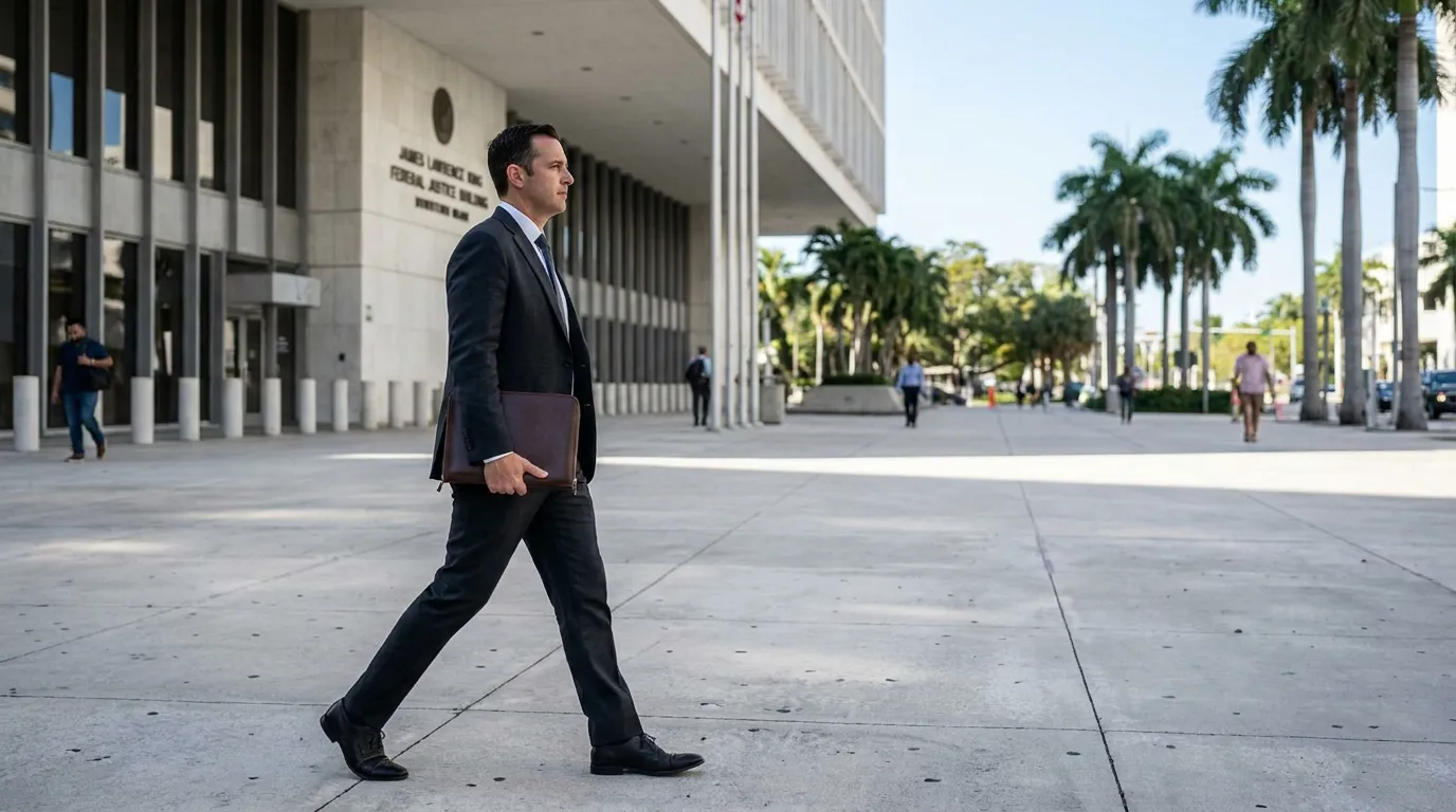suited attorney carrying portfolio walking outside James Lawrence King Federal Justice Building Miami