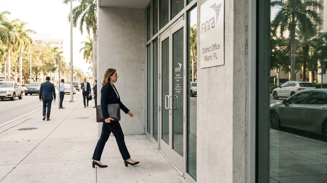 professional woman carrying portfolio walking past FINRA District Office Miami FL building