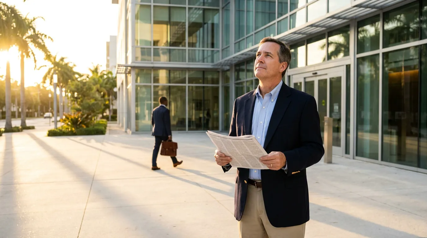 Miami Investor Reviewing SEC Retail Fraud News Outside Office professional man holding legal documents standing outside modern glass office building