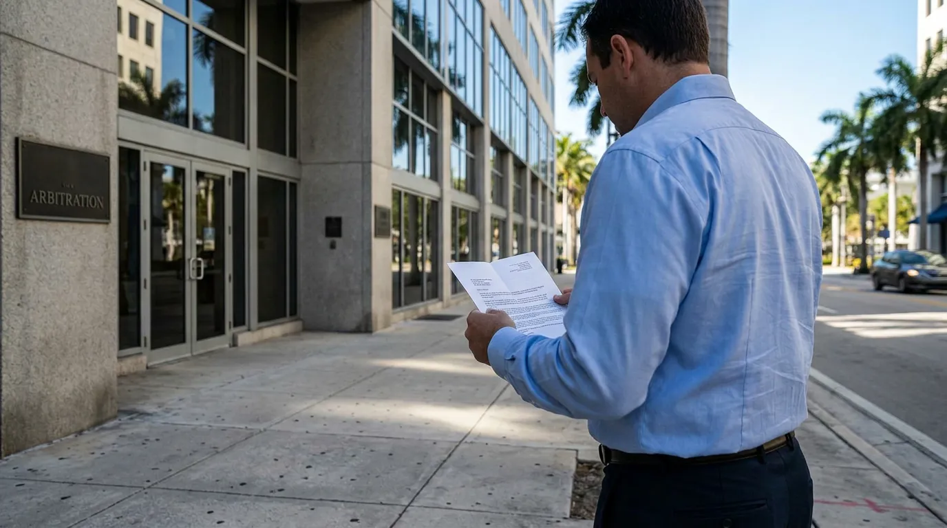 Miami Investor Reviewing FINRA Arbitration Claim Documents Outside man reviewing legal documents outside building with Arbitration sign