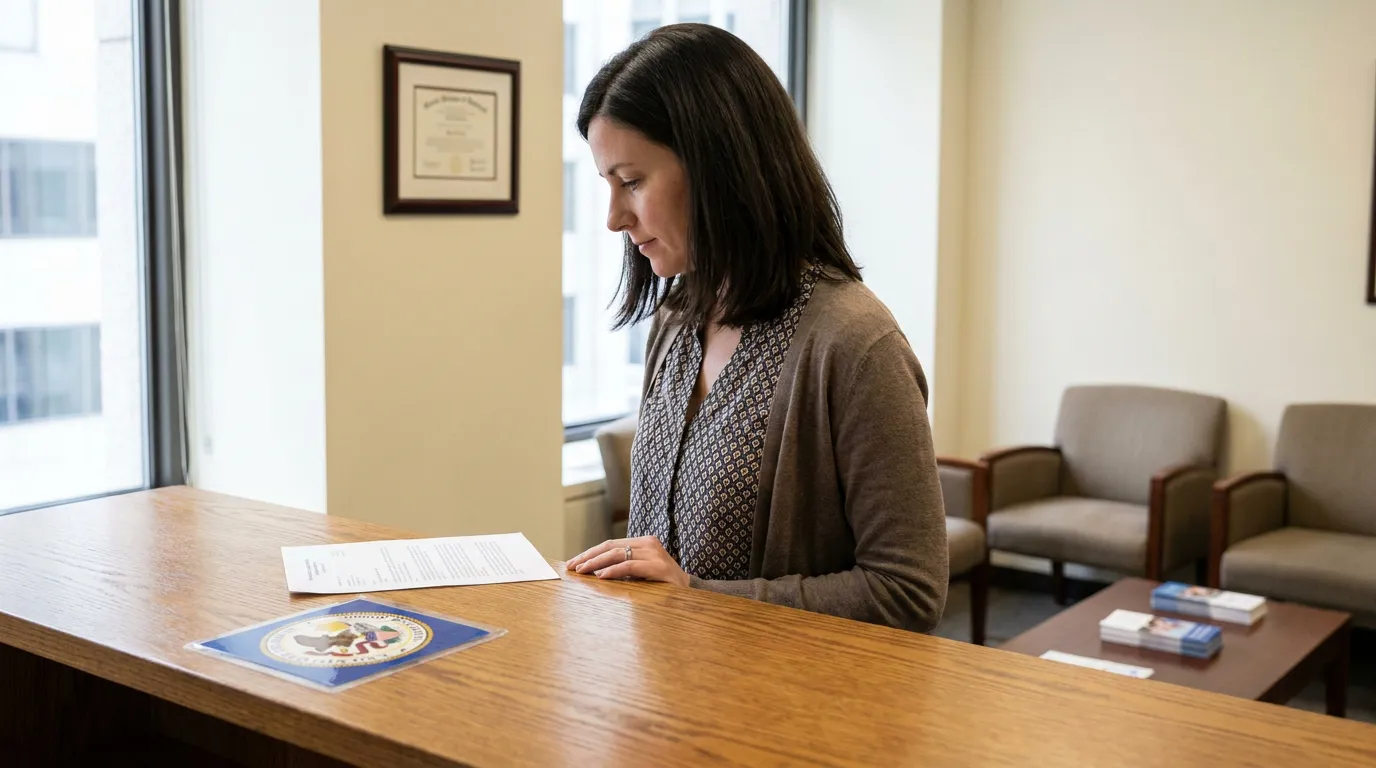 Illinois Workers Comp Lien Document Review Law Office woman reviewing legal document at law office reception desk with framed diploma
