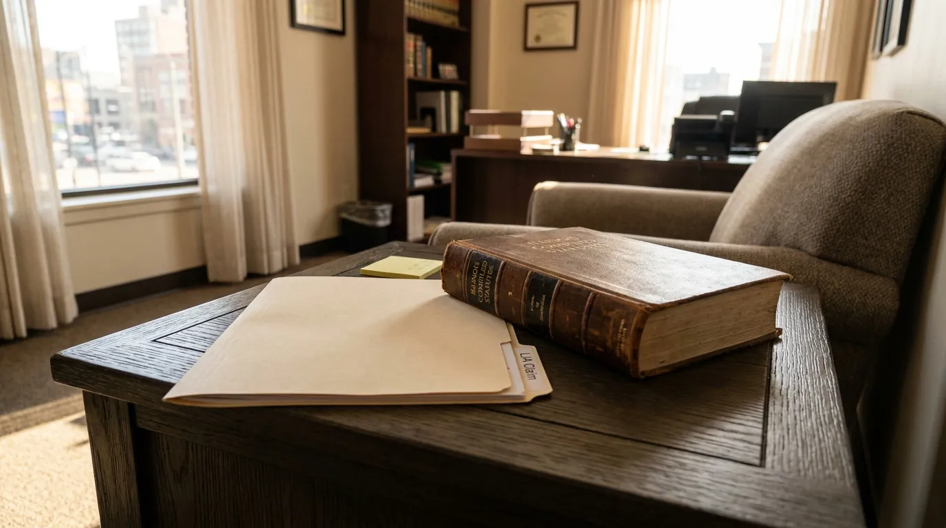 Illinois LIA Claim File and Railroad Law Book Attorney Office Illinois Compiled Statutes volume and client case file on law office table