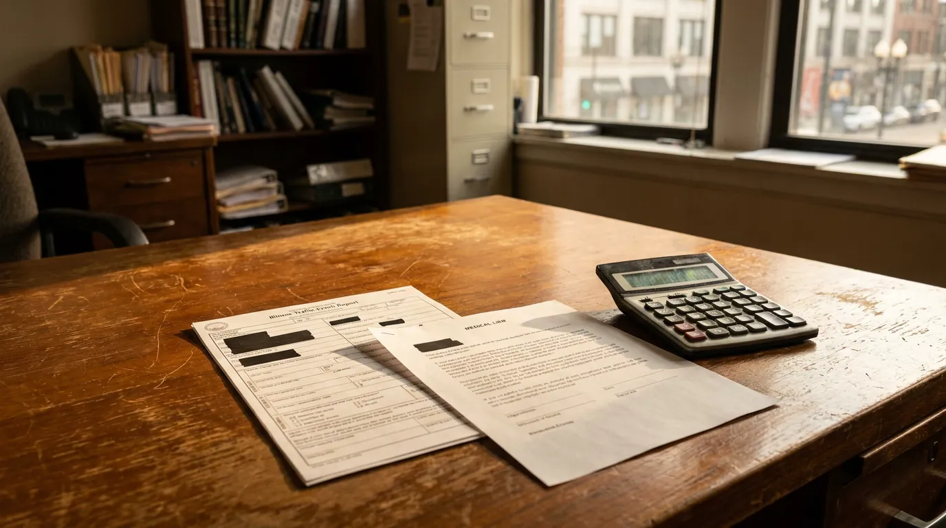 Illinois Medical Lien Cap Documents and Calculator on Desk Illinois Traffic Crash Report and medical lien document beside calculator on law office desk
