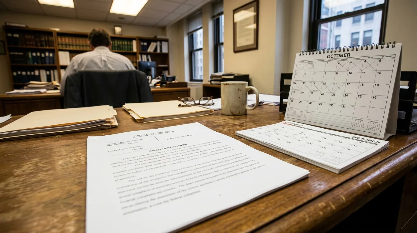 Illinois Railroad Whistleblower Attorney Reviewing FRSA Federal Court Filing attorney working at desk with federal complaint filing document and October calendar