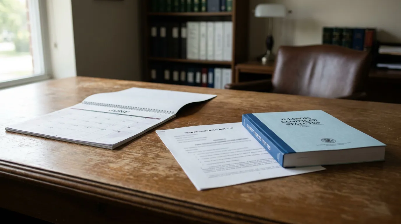 Illinois FRSA Retaliation Complaint Calendar 180-Day Deadline FRSA retaliation complaint document beside Illinois Compiled Statutes book and June calendar on law office desk