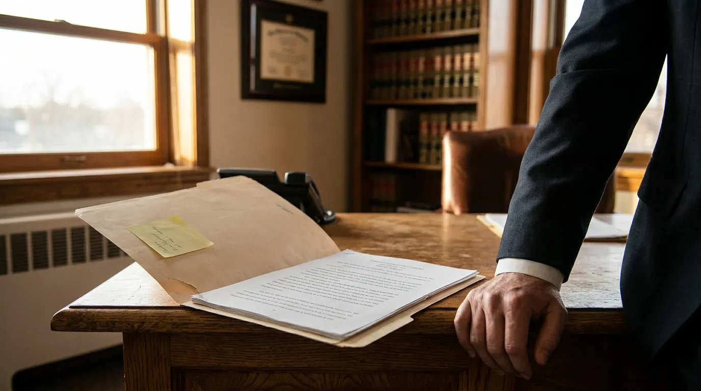 Illinois Personal Injury Attorney Reviewing Car Accident Claim File attorney standing at desk with open legal documents and law books behind