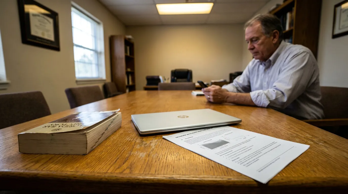 Miami Attorney Reviewing Unauthorized Access Evidence Under Florida CADRA attorney seated at conference table with legal book, laptop, and printed documents