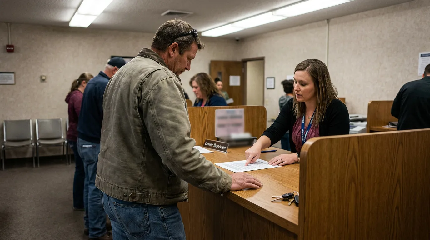 man reviewing document at Driver Services counter with staff member assisting